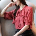 Dotted Elbow-sleeve Tie-neck Chiffon Blouse