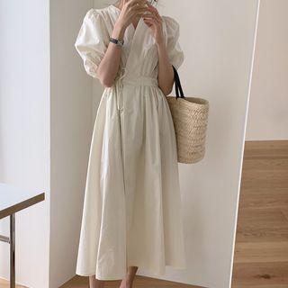 Puff Sleeve V-neck Wrapped Midi Dress White - One Size