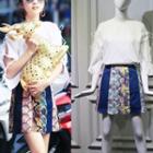 3/4-sleeve Lace-up Top / Printed A-line Skirt