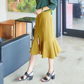 Band-waist Slit Ruffle-hem Midi Skirt