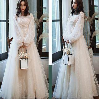 Puff-long-sleeve Embroidered A-line Evening Gown