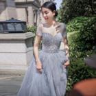 Short-sleeve Rhinestone Mesh Cocktail Dress