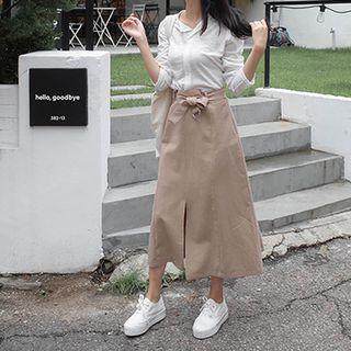 Band-waist A-line Long Skirt With Belt
