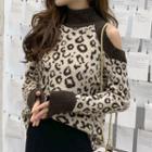 Cold Shoulder Leopard Pattern Sweater / High Waist Midi Knit Skirt / Set