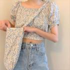 Set: Short-sleeve Floral Print Blouse + Crossbody Bag