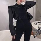 High-neck Ruffle Panel Long-sleeve Top Black - One Size