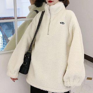 Lettering Fluffy Jacket / Faux Shearling Hoodie