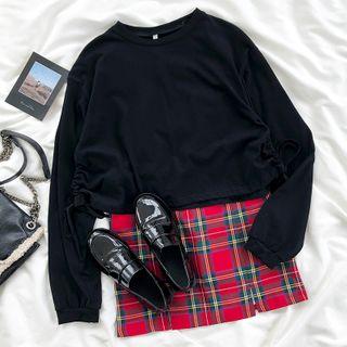 Long-sleeve Plain Top / Plaid Mini Skirt