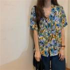 Elbow-sleeve Floral Print Open-collar Shirt As Shown In Figure - One Size