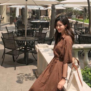 Asymmetric-hem Long Shirtdress With Sash