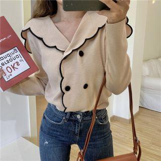 Long-sleeve Contrast Trim Double Breasted Knit Top