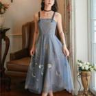 Sleeveless Embroidered Mesh Midi A-line Dress