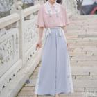 Set: Elbow-sleeve Ruffled Shirt + Wide-leg Pants