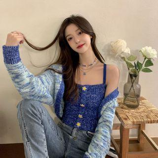 Set: Tie Dye Cropped Cardigan + Button-up Knit Camisole Top Set - Light Blue Cardigan & Camisole Top - Dark Blue - One Size