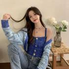 Set: Tie Dye Cropped Cardigan + Button-up Knit Camisole Top Set - Light Blue Cardigan & Camisole Top - Dark Blue - One Size