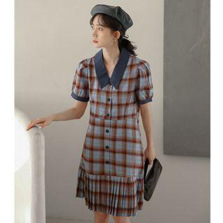 Short-sleeve Plaid Pleated A-line Shirtdress