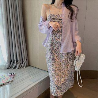 Set: Spaghetti Strap Floral Print Shirred Midi Dress + Cardigan