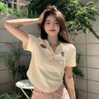 Short-sleeve Collarless Flower Embroidered Crop Polo Shirt