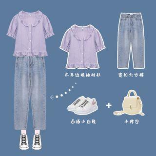 Short-sleeve Frill Trim Top / Washed Straight-fit Jeans