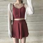 Sleeveless Plain Top + High-waist Plain Skirt / Long-sleeve Light Cardigan