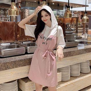 Letter Print Short Sleeve Two Tone Hooded Dress