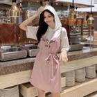 Letter Print Short Sleeve Two Tone Hooded Dress