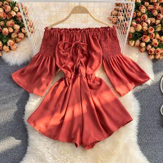 Plain Off-shoulder Lace-up Playsuit