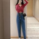 Long-sleeve Plain Knit Top + High-waist Skinny Jeans