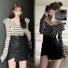 Long-sleeve Striped T-shirt / Faux Leather Mini Skirt