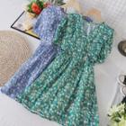 V-neck Floral Ruffle Puff-sleeve Dress