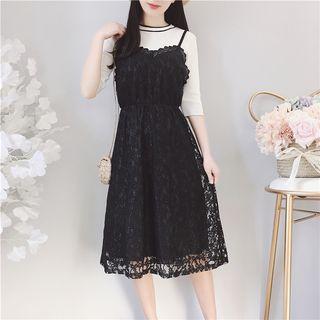Mock Two-piece Elbow-sleeve A-line Midi Dress