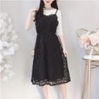 Mock Two-piece Elbow-sleeve A-line Midi Dress