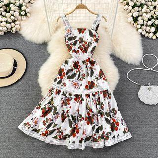 Sleeveless Lace Trim Floral Print Dress
