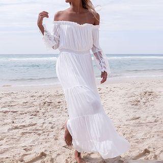 Lace Hem Off Shoulder Long Sleeve Maxi Dress
