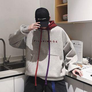 Letter Embroidered Color Block Hooded Pullover