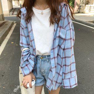 Tie-back Long-sleeve Hooded Plaid Shirt Blue - One Size