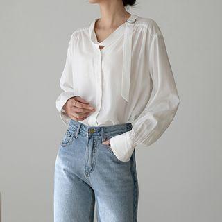 Belted-neck Shirred Blouse