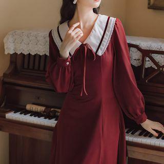 Collar Long-sleeve Midi A-line Dress
