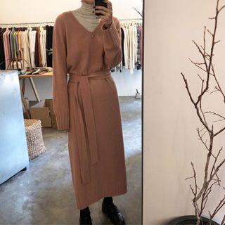V-neck Long-sleeve Midi Knit Dress Nude Pink - One Size