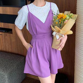 Set: Puff-sleeve Eyelet Blouse + Plain Pinafore Pants