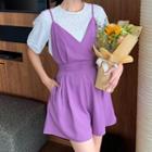 Set: Puff-sleeve Eyelet Blouse + Plain Pinafore Pants