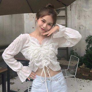 Bell-sleeve Ruffled Drawstring Blouse White - One Size
