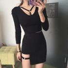 Long-sleeve Strappy Crop Top / Mini Fitted Skirt / Set