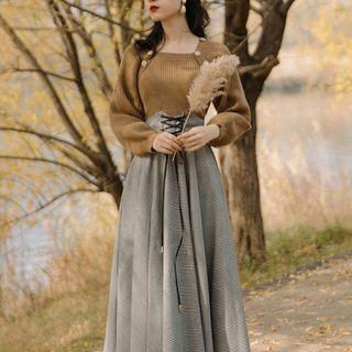 Square-neck Sweater / High Waist Plaid Midi A-line Skirt / Set