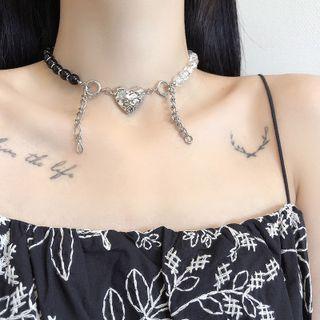 Heart Faux Pearl Alloy Choker Black & Silver - One Size