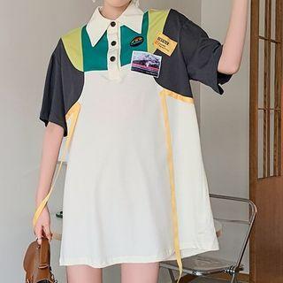 Applique Color Block Mini A-line Polo Dress