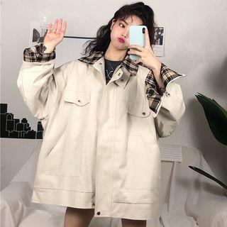 Plaid Lining Zip Jacket Khaki - One Size