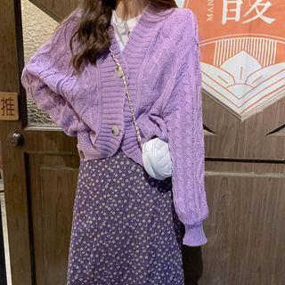 V-neck Cable Knit Cardigan / Floral Print Midi A-line Skirt