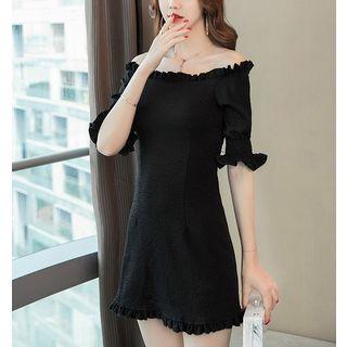 Off-shoulder Short-sleeve Frill-trim Mini Dress