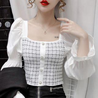 Plaid Panel Square-neck Bell-sleeve Blouse